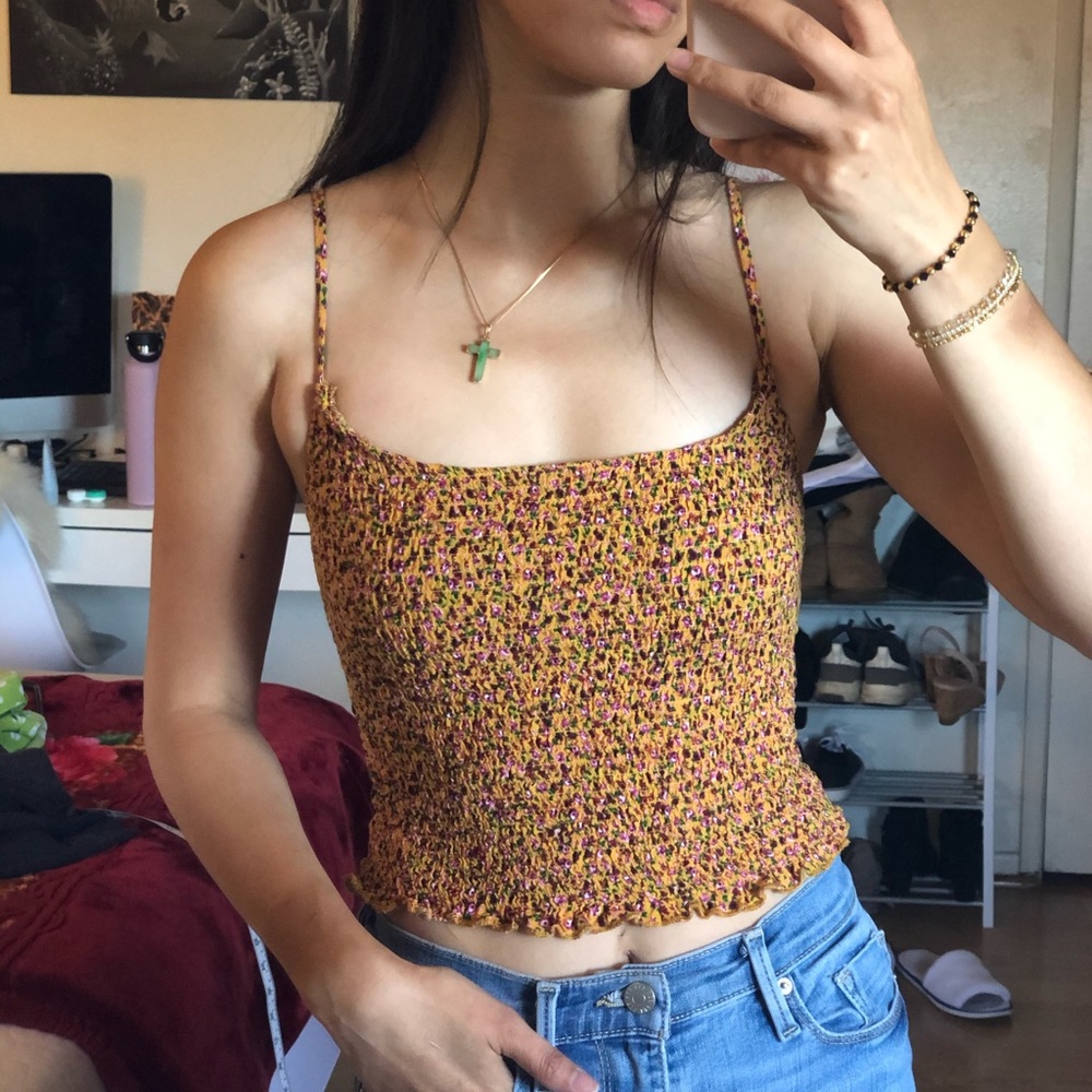 Yellow strap floral smocked crop top